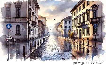 ヨーロッパ　雨の夜景　水彩画　原画 ヨーロッパ 雨の夜景 水彩画 原画 風景画 水彩画 ヨーロッパの
