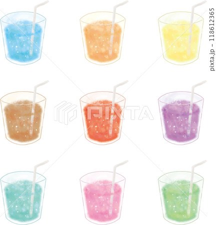 トロピカルをテーマにした水彩イラスト グラスに色とりどりの