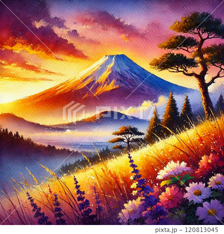 夕焼け 富士山 夕日のイラスト素材 - PIXTA
