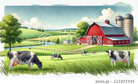 牛 牧場 牧草地 水彩画の写真素材 - PIXTA