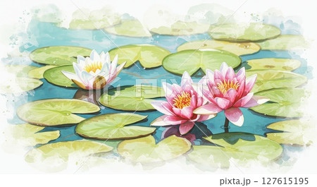 スイレンの花咲く池の風景 鳥取県 多鯰ヶ池 水彩画のイラスト