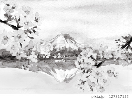 風景 湖 モノクロ 水彩のイラスト素材 - PIXTA