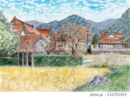 古民家 風景 スケッチ 風景画の写真素材 - PIXTA