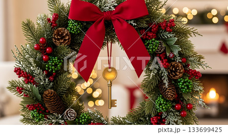 クリスマス クリスマスリース リース 赤いリボンの写真素材 - PIXTA