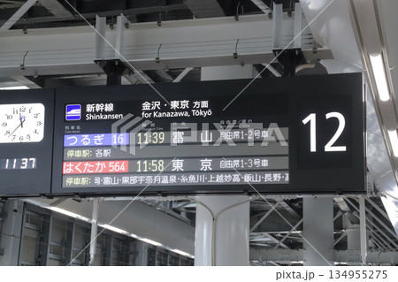 北陸新幹線・電光掲示板・発車標・日本語（富山、東京方面）の写真素材